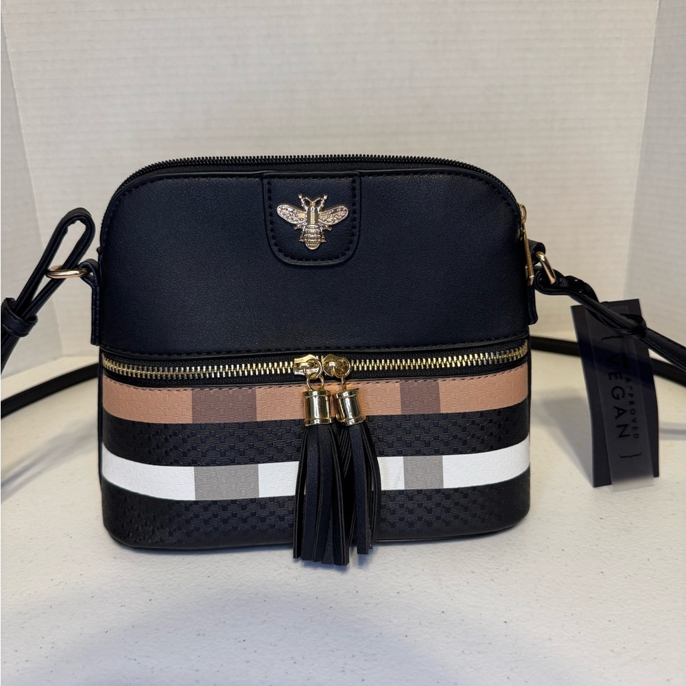 Felicity Chic Black and Tan Crossbody Bag with Bee Detail